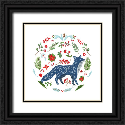 Christmas Folk Fox Black Ornate Wood Framed Art Print with Double Matting by Tava Studios