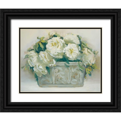White Roses in Planter Black Ornate Wood Framed Art Print with Double Matting by Dern, Andrea
