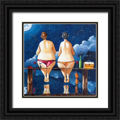 Two Sisters Fishing Black Ornate Wood Framed Art Print with Double Matting by West, Ronald