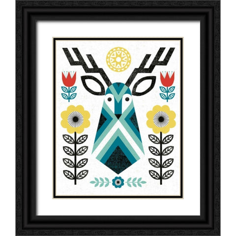 Folk Lodge Deer II V2 Teal Black Ornate Wood Framed Art Print with Double Matting by Mullan, Michael