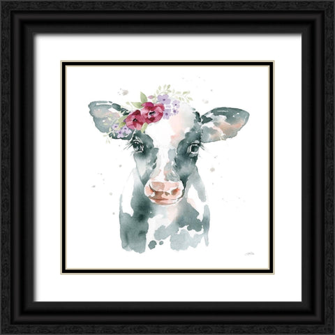 Floral Cow Pink Sq Black Ornate Wood Framed Art Print with Double Matting by Pete, Katrina