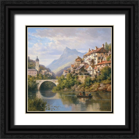 Riverside Village II Black Ornate Wood Framed Art Print with Double Matting by Kuwasseg, Charles