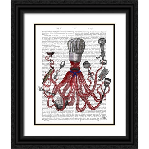 Octopus Fabulous French Chef Black Ornate Wood Framed Art Print with Double Matting by Fab Funky