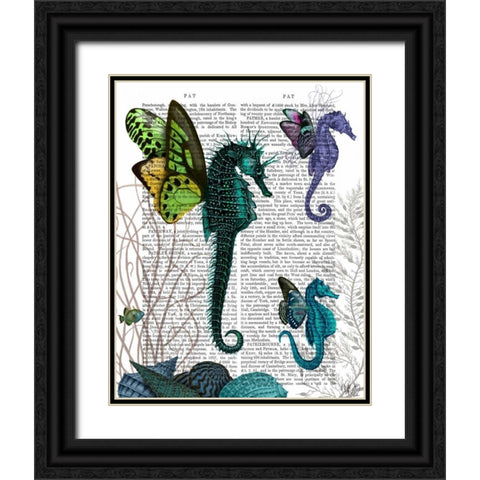 Seahorse Trio With Wings Black Ornate Wood Framed Art Print with Double Matting by Fab Funky
