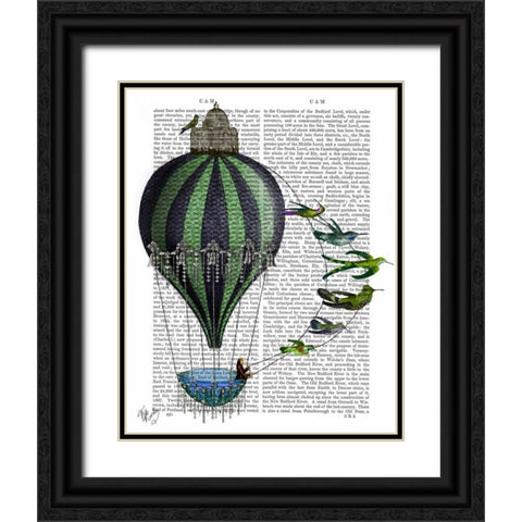 Hot Air Balloon and Birds Black Ornate Wood Framed Art Print with Double Matting by Fab Funky