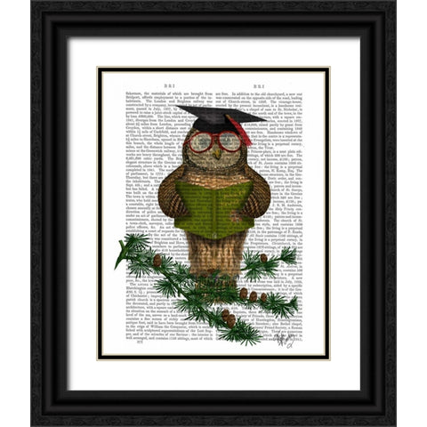 Owl Reading On Branch Black Ornate Wood Framed Art Print with Double Matting by Fab Funky