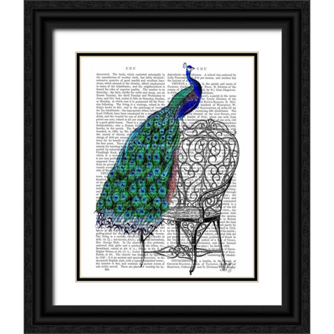 Peacock on Chair Black Ornate Wood Framed Art Print with Double Matting by Fab Funky