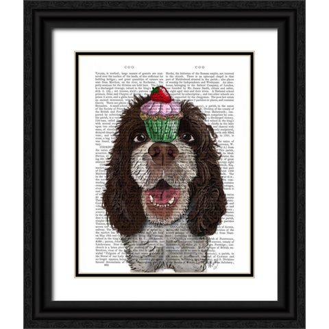 Springer Spaniel with Cupcake Black Ornate Wood Framed Art Print with Double Matting by Fab Funky