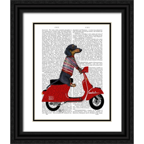 Dachshund on a Moped Black Ornate Wood Framed Art Print with Double Matting by Fab Funky