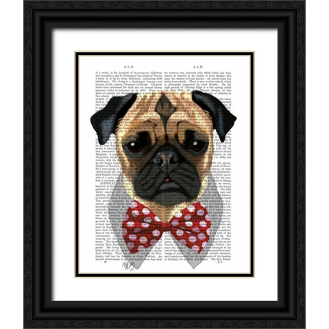 Pug with Red Spotted Bow Tie Black Ornate Wood Framed Art Print with Double Matting by Fab Funky