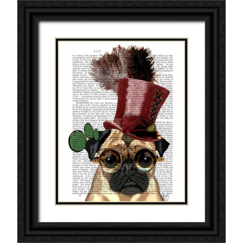 Pug with Steampunk Style Top Hat Black Ornate Wood Framed Art Print with Double Matting by Fab Funky