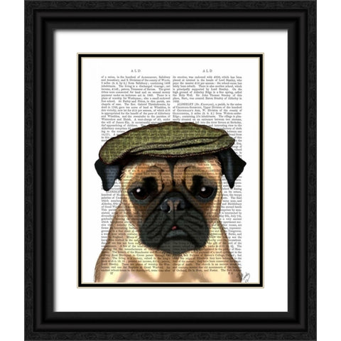 Pug in Flat Cap Black Ornate Wood Framed Art Print with Double Matting by Fab Funky