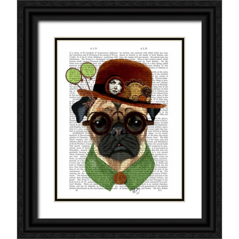 Pug with Steampunk Bowler Hat Black Ornate Wood Framed Art Print with Double Matting by Fab Funky