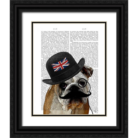 British Bulldog and Bowler Hat Black Ornate Wood Framed Art Print with Double Matting by Fab Funky