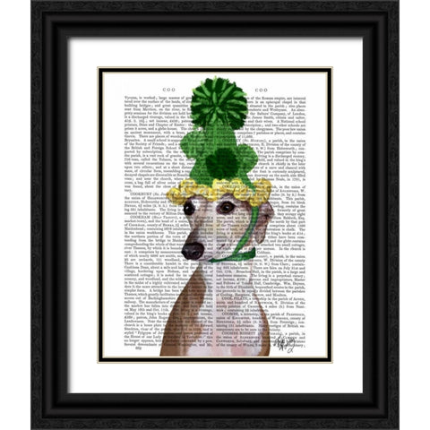 Greyhound in Green Knitted Hat Black Ornate Wood Framed Art Print with Double Matting by Fab Funky