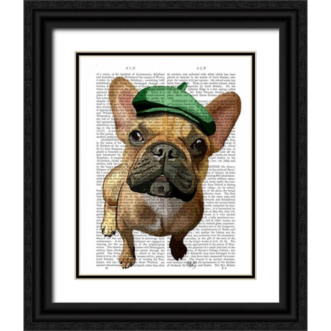 Brown French Bulldog with Green Hat Black Ornate Wood Framed Art Print with Double Matting by Fab Funky