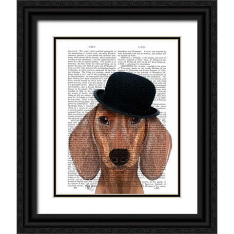 Dachshund with Black Bowler Hat Black Ornate Wood Framed Art Print with Double Matting by Fab Funky