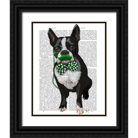 Boston Terrier With Green Moustache And Spotty Green Bow Tie Black Ornate Wood Framed Art Print with Double Matting by Fab Funky