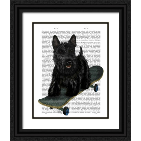 Scottish Terrier and Skateboard Black Ornate Wood Framed Art Print with Double Matting by Fab Funky