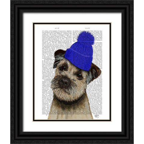 Border Terrier with Blue Bobble Hat Black Ornate Wood Framed Art Print with Double Matting by Fab Funky