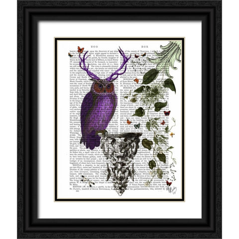 Purple Owl With Antlers Black Ornate Wood Framed Art Print with Double Matting by Fab Funky