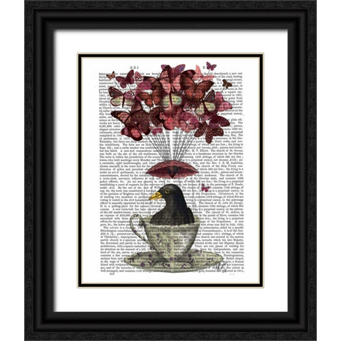 Blackbird In Teacup Black Ornate Wood Framed Art Print with Double Matting by Fab Funky