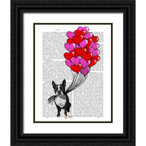 Boston Terrier And Balloons Black Ornate Wood Framed Art Print with Double Matting by Fab Funky