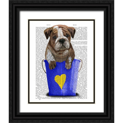 Bulldog Bucket Of Love Blue Black Ornate Wood Framed Art Print with Double Matting by Fab Funky