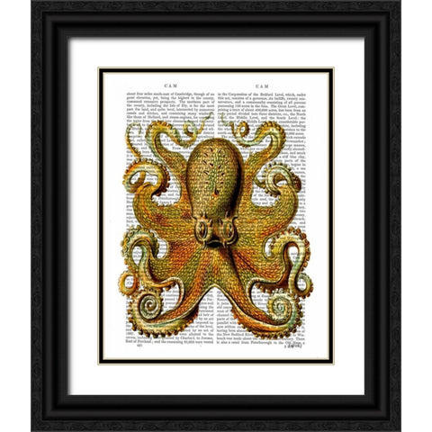 Vintage Yellow Octopus Front Black Ornate Wood Framed Art Print with Double Matting by Fab Funky