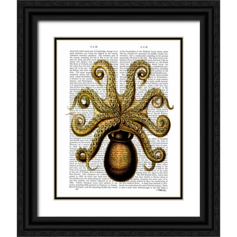 Vintage Yellow Octopus Underside Black Ornate Wood Framed Art Print with Double Matting by Fab Funky