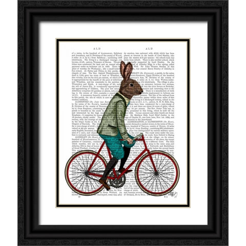 Rabbit On Bike Black Ornate Wood Framed Art Print with Double Matting by Fab Funky