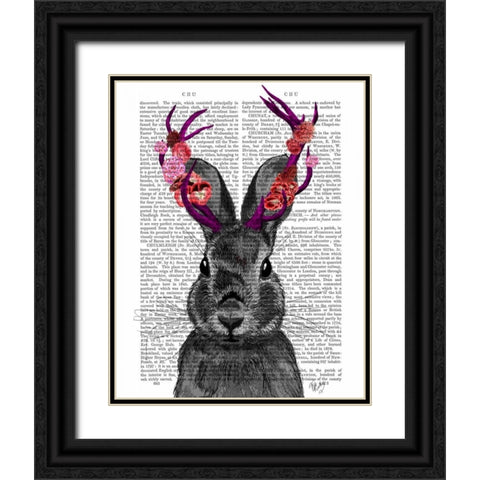 Jackalope with Pink Antlers Black Ornate Wood Framed Art Print with Double Matting by Fab Funky