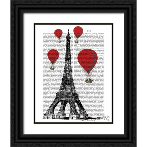 Eiffel Tower and Red Hot Air Balloons Black Ornate Wood Framed Art Print with Double Matting by Fab Funky