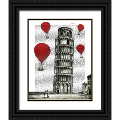 Tower of Pisa and Red Hot Air Balloons Black Ornate Wood Framed Art Print with Double Matting by Fab Funky