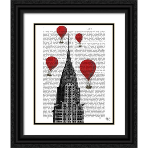 Chrysler Building and Red Hot Air Balloons Black Ornate Wood Framed Art Print with Double Matting by Fab Funky