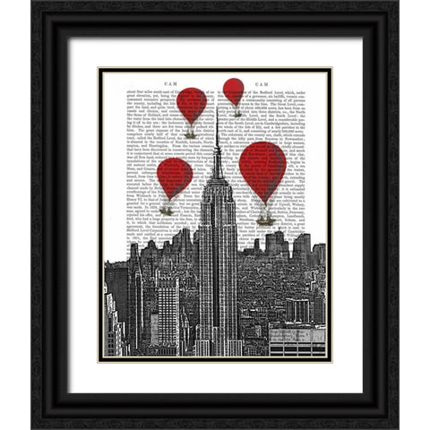 Empire State Building and Red Hot Air Balloons Black Ornate Wood Framed Art Print with Double Matting by Fab Funky