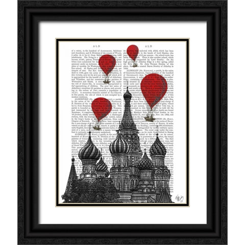 St Basils Cathedral and Red Hot Air Balloons Black Ornate Wood Framed Art Print with Double Matting by Fab Funky