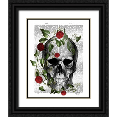 Skull Vines and Flowers Black Ornate Wood Framed Art Print with Double Matting by Fab Funky