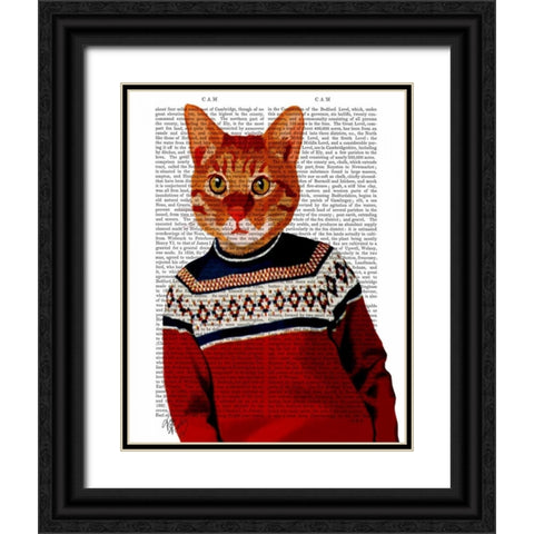 Cat in Ski Sweater Black Ornate Wood Framed Art Print with Double Matting by Fab Funky