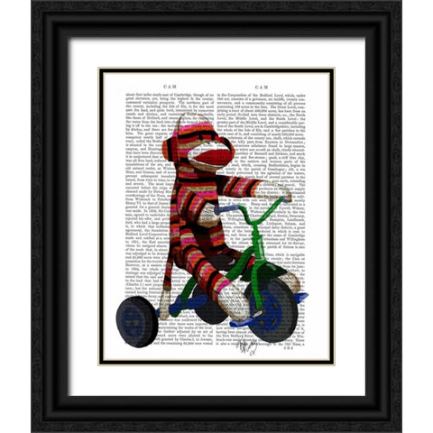 Sock Monkey on Tricycle Black Ornate Wood Framed Art Print with Double Matting by Fab Funky
