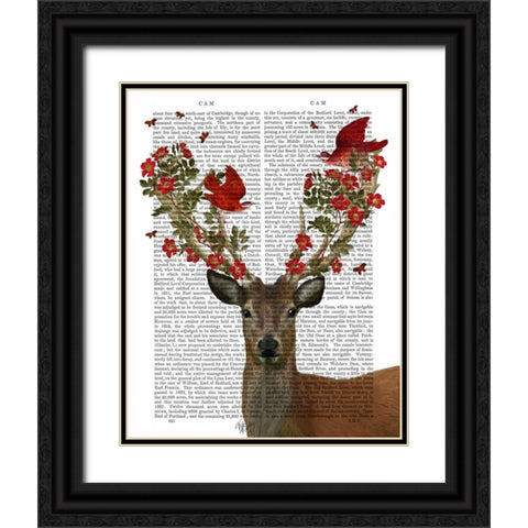 Deer and Love Birds Black Ornate Wood Framed Art Print with Double Matting by Fab Funky