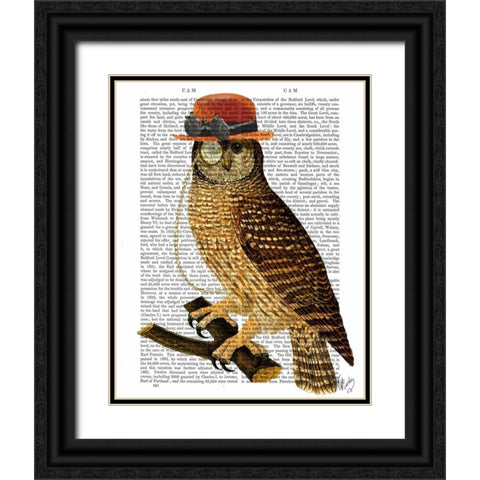 Owl with Steampunk Style Bowler Hat Black Ornate Wood Framed Art Print with Double Matting by Fab Funky
