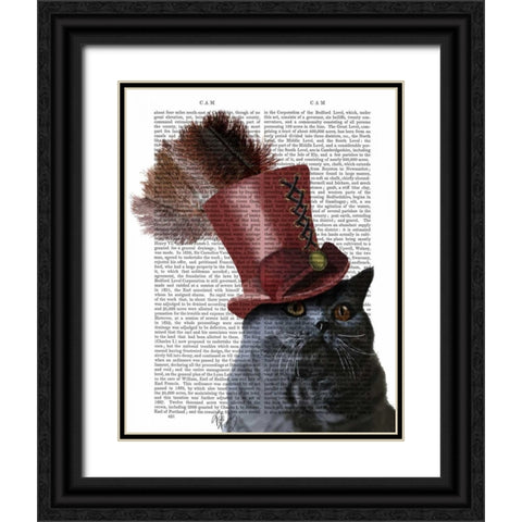 Grey Cat With Steampunk Top Hat Black Ornate Wood Framed Art Print with Double Matting by Fab Funky