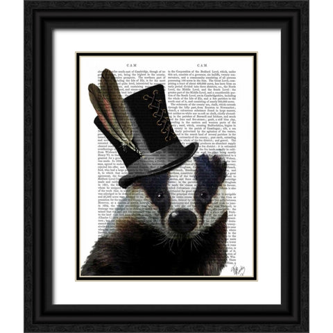 Steampunk Badger in Top Hat Black Ornate Wood Framed Art Print with Double Matting by Fab Funky