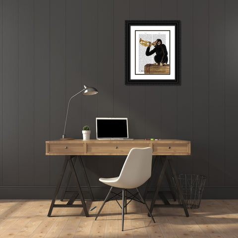 Monkey Playing Trumpet Black Ornate Wood Framed Art Print with Double Matting by Fab Funky