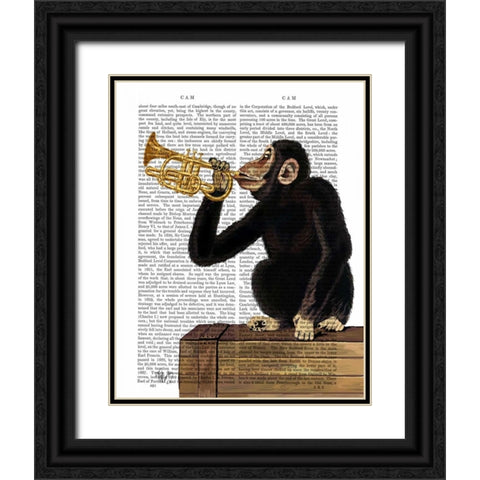 Monkey Playing Trumpet Black Ornate Wood Framed Art Print with Double Matting by Fab Funky
