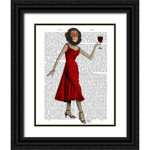 Chimp With Wine Black Ornate Wood Framed Art Print with Double Matting by Fab Funky
