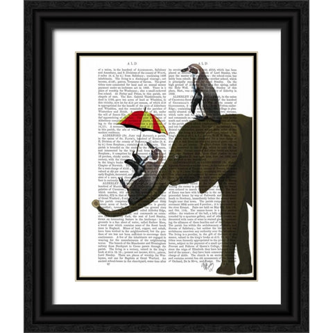 Elephant and Penguin Black Ornate Wood Framed Art Print with Double Matting by Fab Funky