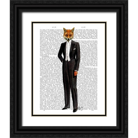 Fox In Evening Suit Full Black Ornate Wood Framed Art Print with Double Matting by Fab Funky