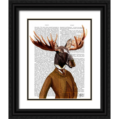 Moose In Suit Portrait Black Ornate Wood Framed Art Print with Double Matting by Fab Funky